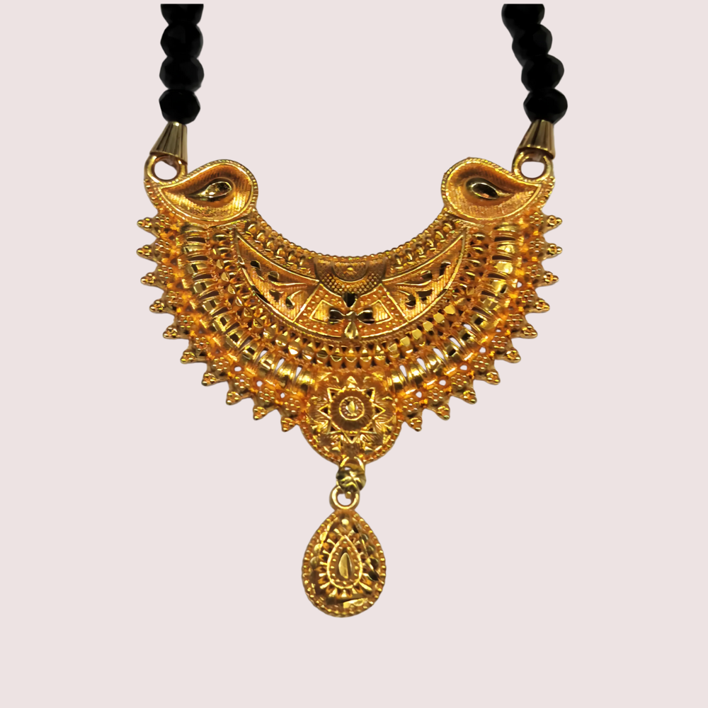 Traditional Crescent Pendant Long Mangalsutra with Gold-Toned Beads